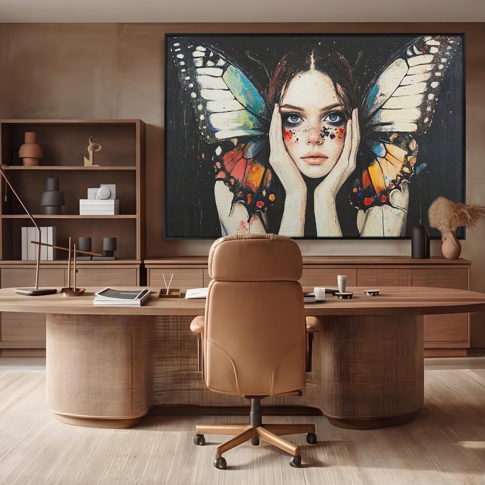 Tablou canvas cu tablou canvas cu femeie si aripi de fluture, in rama de aluminiu negru, pe perete intr-un birou